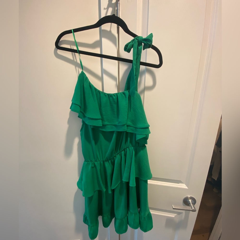 Green Zara One Shoulder Dress w/ Ruffles